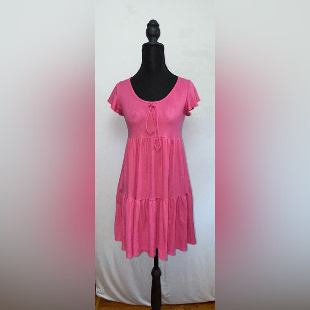 Pink Ribbed Dress with Tie Front